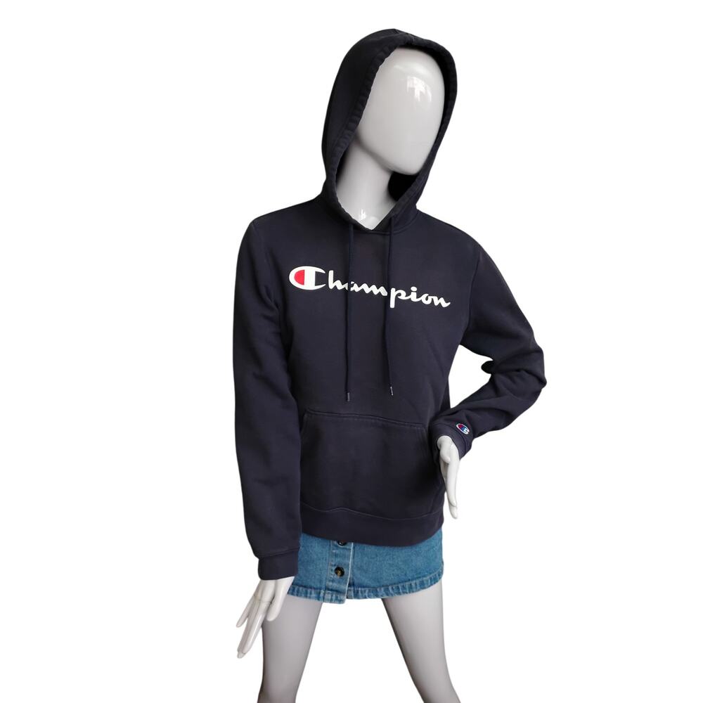 Champion Hoodie Sweatshirt Small Blue Pullover Logo Print Front Patch Pocket